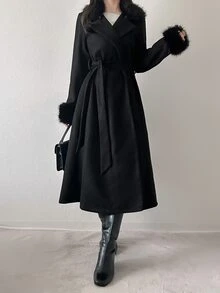 FRIFUL Women's Solid Color Lapel Neck Patchwork Faux Fur Cuff Elegant Overcoat - Black - View 3