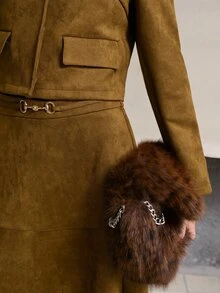 MOTF PREMIUM VINTAGE SUEDETTE METAL BUCKLE DECOR WOMEN'S SHORT JACKET - Olive Green - View 5