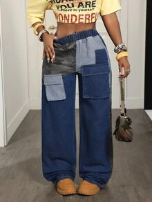 Slaydiva Women's Elastic Waist Colorblock Casual Streetwear Daily Wear Jeans Everyday Going Out Fall - Black - View 6