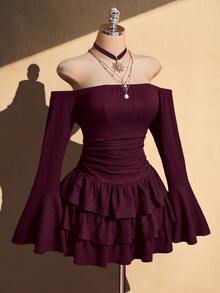 SHEIN ICON Women's Plus Size Textured Black Off-Shoulder Dress Fall - Burgundy - View 4