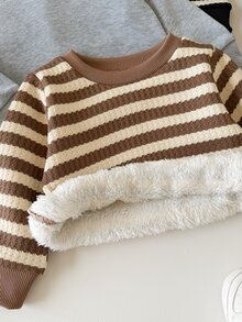 SHEIN Vintaside Kids 2件組幼兒男童運動衫運動長褲套裝，可愛灰色棕色條紋熊貼布，長袖圓領，常規款，適合戶外秋季聖誕萬聖節，羅紋設計 - 彩色 - 查看 7