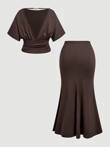 SHEIN MOD Plus Size New Backless Top And Skirts 2 Pieces Set, Suitable For Commuting And Street Style - Mocha Brown - View 2