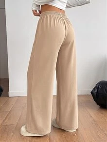 SHEIN PETITE بنطال أسود Y2k بلون موحد وساق واسعة بنطال رسمي للخريف والشتاء مطابقة - كاكي - مشاهدة 2