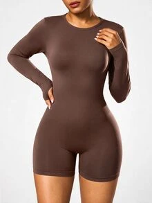 Slayform Women's Brown Backless Long Sleeve Seamless Sports Jumpsuit - Brown - View 6