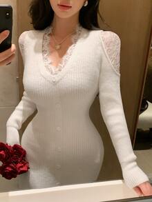 DAZY Autumn/Winter Lace V-Neck Design Fitted White Elegant Date Wedding Women Sweater Dress - Beige - View 5