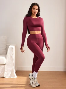 Slayform Women's Casual Long Sleeve Top And Fitted Leggings Sports Set - Burgundy - View 4