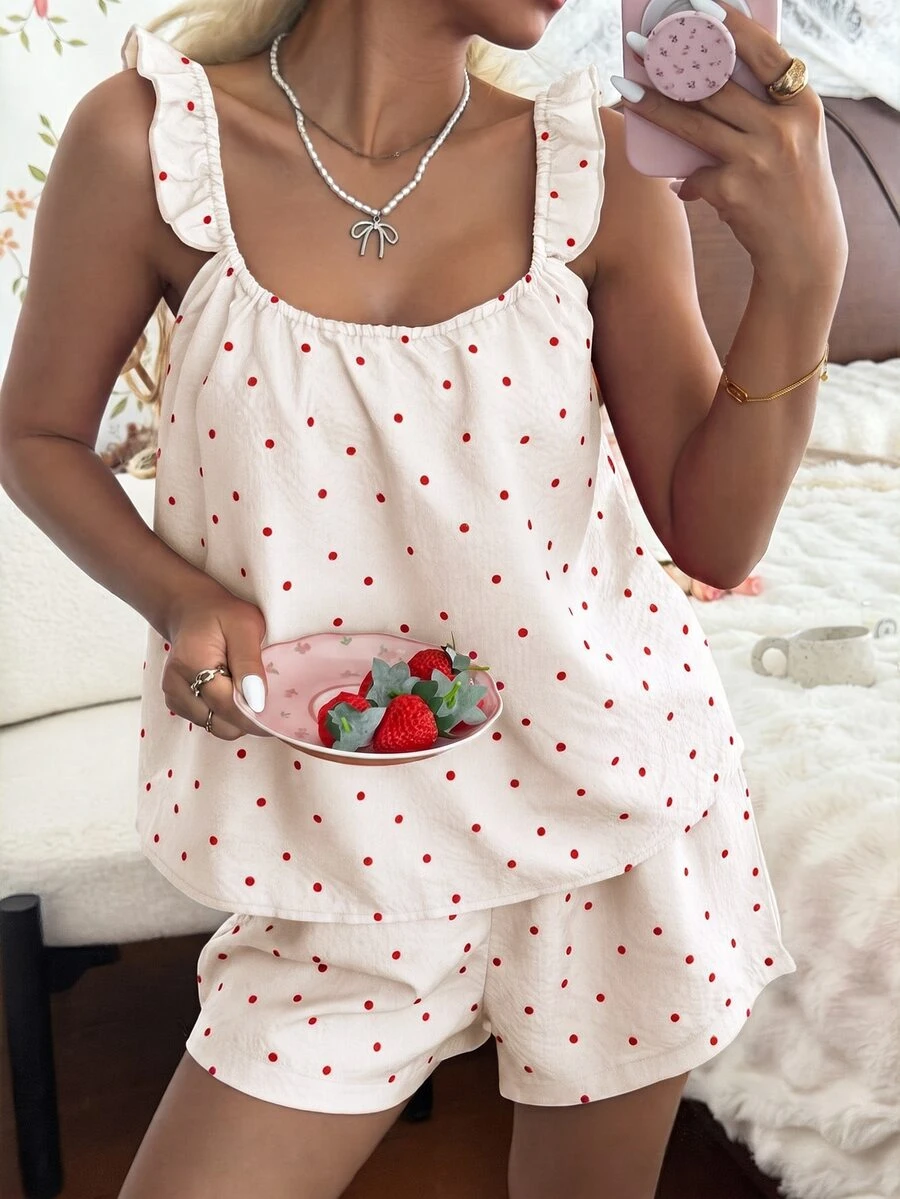 CottageSlumber Women's Red Polka Dot Print Camisole & Shorts Pajama Set, Summer Loungewear - Beige - View 1