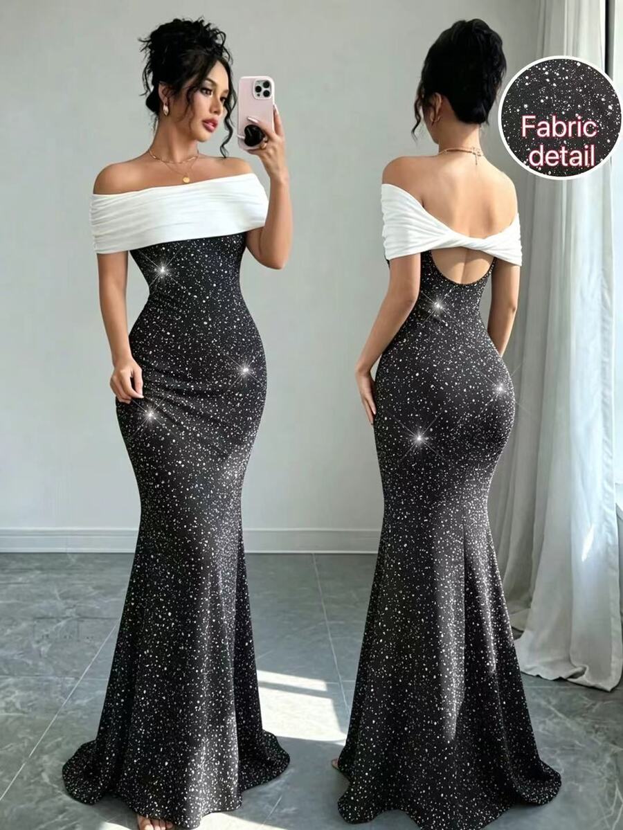 SHEIN Raffinéa Cold Shoulder Mature Charm Shiny Silver Contrast Color Mermaid Hem Off-Shoulder Dress - Black and White - View 1