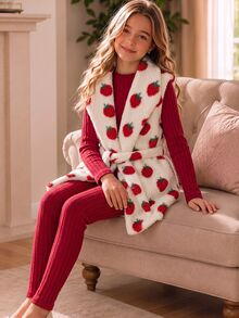 SHEIN Elladie kids 2件組青少年女孩外套套裝，紅白色，夾克褲子兩件式套裝，秋冬，休閒可愛，秋季，生日家庭搭配 - 紅色 - 查看 3