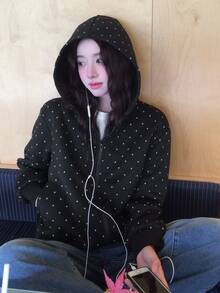 DAZY Women's Polka Dot Loose Hooded Casual Sweatshirt Fall - Black - View 2