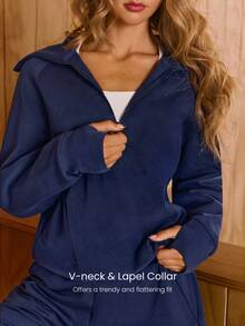 GLOWMODE Modal Get Comfy Ultra-Soft Smooth Loose Fit Contour Seams Adjustable Hem Zipper Pockets Half-Zip Pullover Daily Casual Wear Fall Winter - Dark Blue - View 4