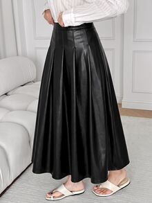 Solavon Fashionable Ladies Black Faux Leather Pleated Skirt Flattering High Waisted A Line Silhouette Perfect For Everyday Wear - Black - View 3