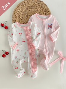 2件組新生女嬰連身衣，可愛柔粉格紋蝴蝶結與花卉印花，精緻蝴蝶結刺繡，柔軟舒適極簡拉鍊長袖連腳連身衣，居家休閒套裝 - 粉色 - 查看 1