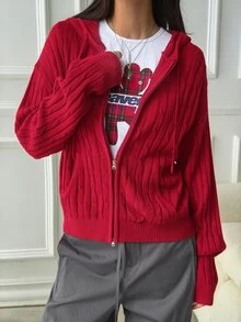 DAZY Women's Solid Color Fitted Zip-Up Long Sleeve Hooded Cable Knit Casual Vacation Spring Autumn Cardigan - Red - View 4