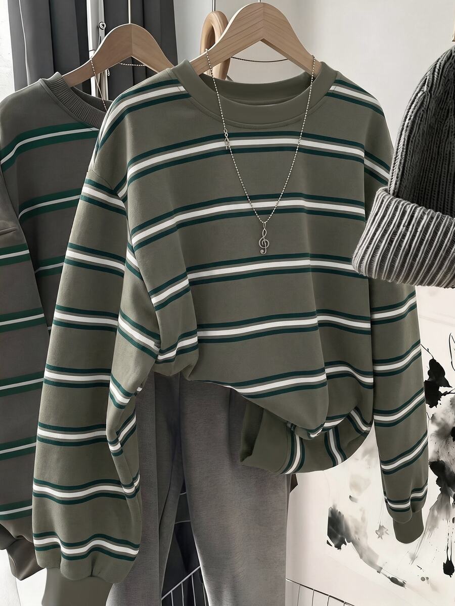 SHEIN LUNE 女款條紋圓領長袖休閒百搭運動衫 - 白色 - 查看 1