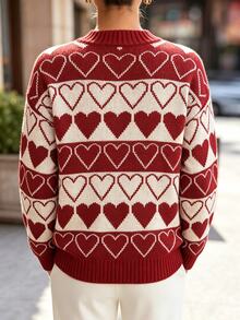 SHEIN Women's Heart Pattern Casual Everyday Long Sleeve Sweater - Red - View 2