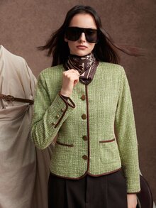 Zovinel Lyocell Wool Fabric With Suede Binding Women's Vintage Elegant Button Long Sleeve Pocket Jacket Business,Casual Work,Elegant Fall Autumn/Winter - Green - View 6