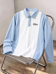SHEIN 兒童青少年男孩休閒牛仔效果印花長袖 Polo 衫，適合通勤、上學、日常休閒、大學、旅行、運動，秋冬款 - 白色 - 查看 4