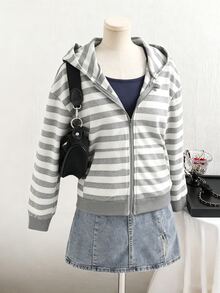 SHEIN Sparklyn 1件青少年休閒拉鍊連帽衛衣，灰白條紋短版，春/秋新款 - 彩色 - 查看 3
