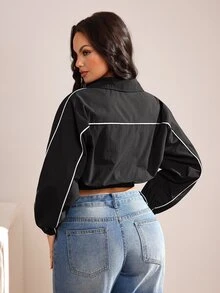 Slayform Jaket Olahraga Musim Gugur Wanita dengan Manset Elastis dan Trim Kontras Putih, Cocok untuk Olahraga Luar Ruangan dan Pemakaian Sehari-hari - Hitam - View 2