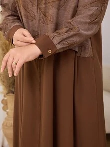 Al Najma Women's Elegant Dark Pattern Jacquard Contrast Solid Color Loose Casual Comfortable Daily Long Sleeve Arabian Dress - Coffee Brown - View 7