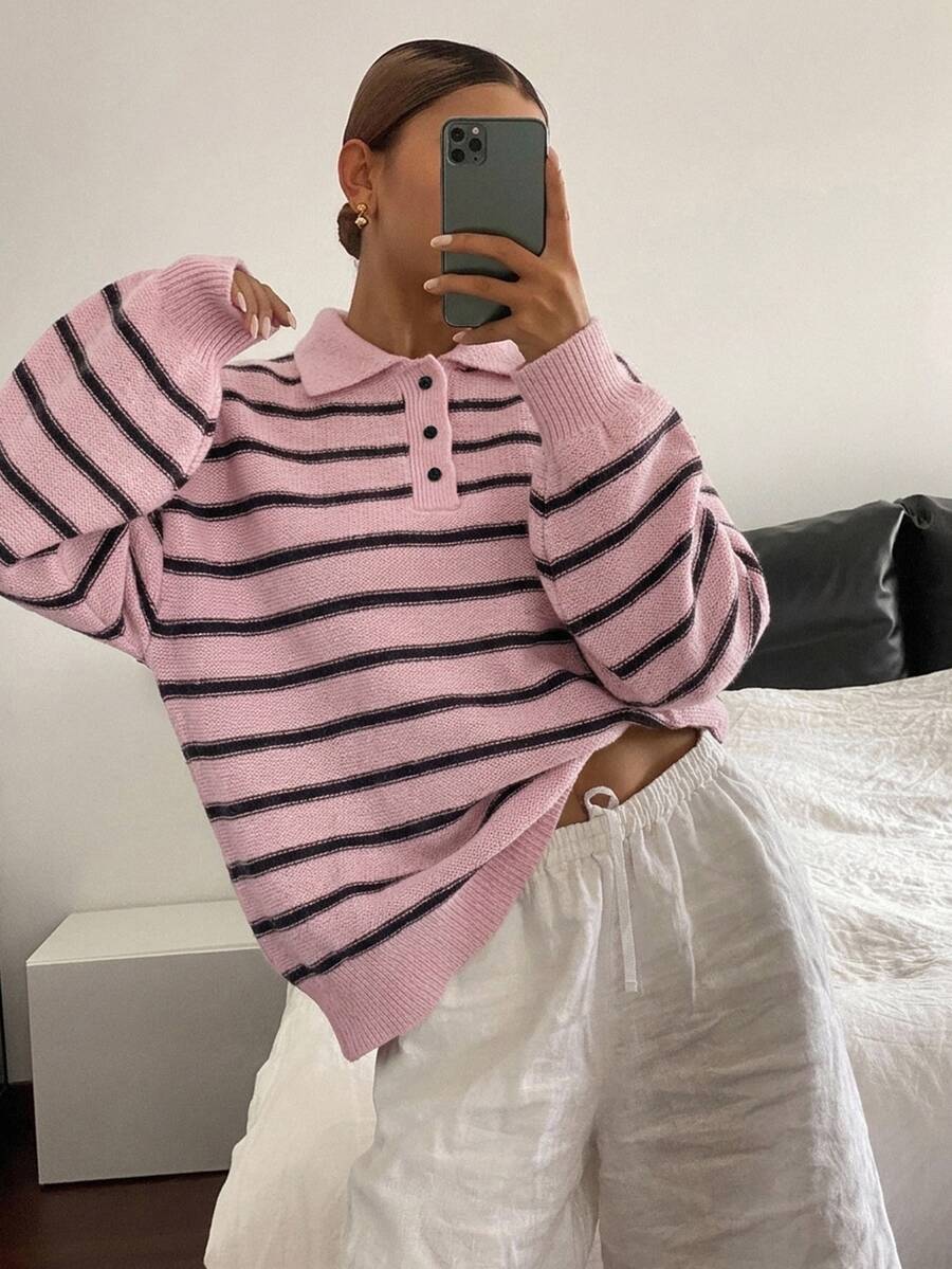 DAZY Autumn Winter Polo Collar Button Long Sleeve Drop Shoulder Loose Fit Contrast Color Pink Black Striped Patchwork Casual Street Knit Sweater For Women - Pink - View 1
