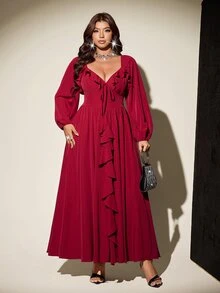 Viva Relle Plus Size French Romantic Ruffle Trim Dress, Princess Style For Party - Burgundy - View 5