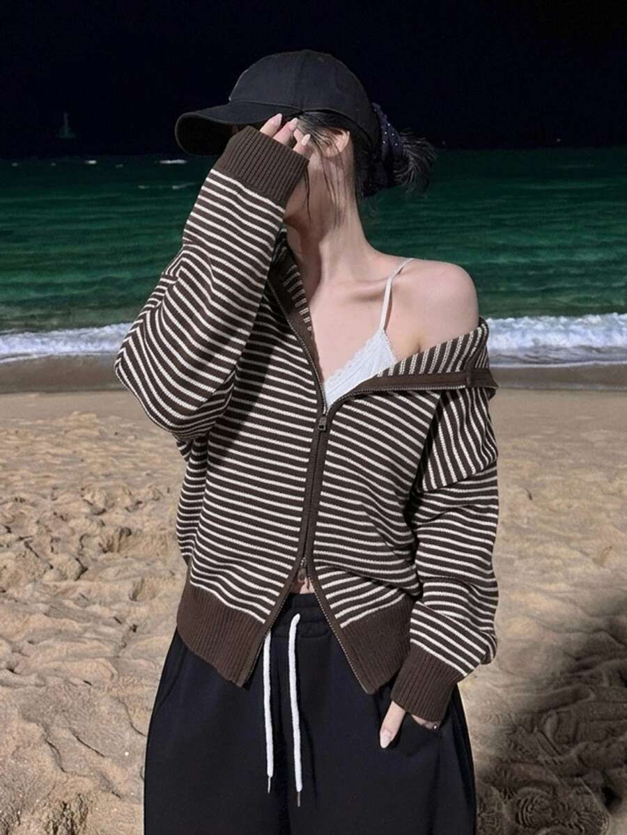 DAZY Women's Striped Drop Shoulder Long Sleeve Zip-Up Hooded Knit Cardigan - Brown - View 1