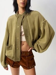 Bohemela Jaket Kasual Wanita Warna Polos Lengan Panjang Model Bahu Longgar Kancing Tunggal Potongan Reguler - Hijau - View 1