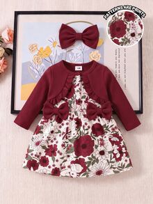 SHEIN 2件組新生女嬰A字洋裝，可愛甜美酒紅色花朵印花，蝴蝶結荷葉邊飾邊，長袖圓領，正裝生日派對秋季節日套裝 - 彩色 - 查看 6