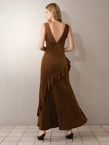MOTF PREMIUM WOMEN'S LACE PATCHWORK RUFFLE SLIM FIT LONG DRESS, AUTUMN/WINTER - Coffee - View 7