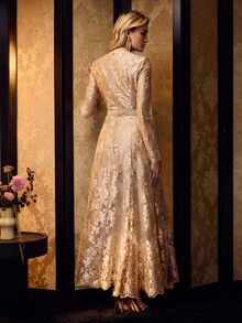 MOTF Tall WOMEN'S TALL GOLD HEAVY EMBROIDERY MESH ELEGANT LONG COCKTAIL DRESS - Gold - View 3
