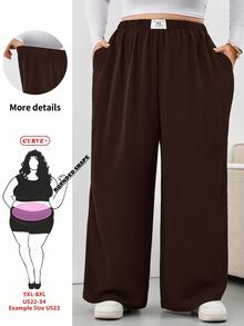 SHEIN CURVE+ 大尺碼格紋長褲，黑白格紋彈性腰帶口袋寬腿褲，2026秋冬 22W - 咖啡棕 - 查看 7