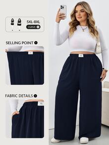 SHEIN CURVE+ 大尺碼格紋長褲，黑白格紋彈性腰帶口袋寬腿，2026秋冬 22W - 藏蓝色 - 查看 9