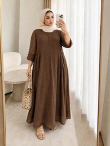 Solavon Plus Size Women's Solid Color Round Neck 3/4 Sleeve Button Design Casual Dress - Coffee Brown - View 8