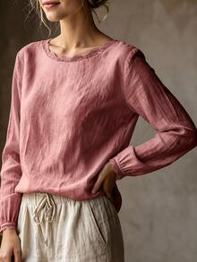 SHEIN 女款休閒優雅淺米色圓領蕾絲飾邊極簡通勤百搭日常襯衫 - 西瓜粉 - 查看 6