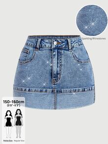 SHEIN PETITE Women's Fashion Rhinestone Button Pocket Denim Mini Skirt - Black - View 1