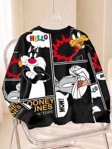 LOONEY TUNES X SHEIN 男士卡通圖案印花長袖套頭運動衫 - 白色 - 查看 2