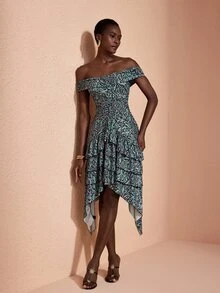 JIAN LASALA Gaun Midi Rajut Tanpa Bahu dengan Lipatan Berlapis-lapis dan Hemline Tidak Rata, Gaun Liburan Elegan - MultiWarna - View 6