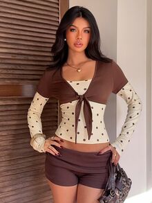CovetEZ Women's Polka Dot 2 In 1 Colorblock Casual Daily T-Shirt - Brown - View 5