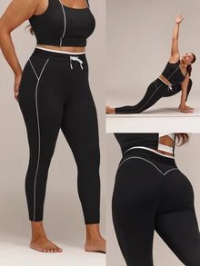 GLOWMODE Plus Size 24" FeatherFit™ All-Day Moves Tie-Waist Leggings With Concealed Booty Lift & No Front Seam Yoga Studio Daily Wear - Black - View 9