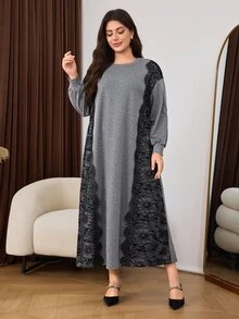 Lacomfia Sweatshirt Wanita Ukuran Besar dengan Motif Renda, Patchwork, Kasual, Serbaguna, Elegan, Modis, Cocok untuk Makan Siang, Makan Malam, Warna Abu-abu, Musim Gugur - Grey - View 6