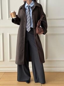 DAZY Women's Vintage Button Pocket Long Sleeve Overcoat - Brown - View 3
