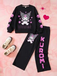 HELLO KITTY AND FRIENDS | SHEIN Set Kasual Sweatshirt Lengan Panjang dan Celana Olahraga dengan Motif Huruf untuk Remaja Perempuan - Hitam - View 3