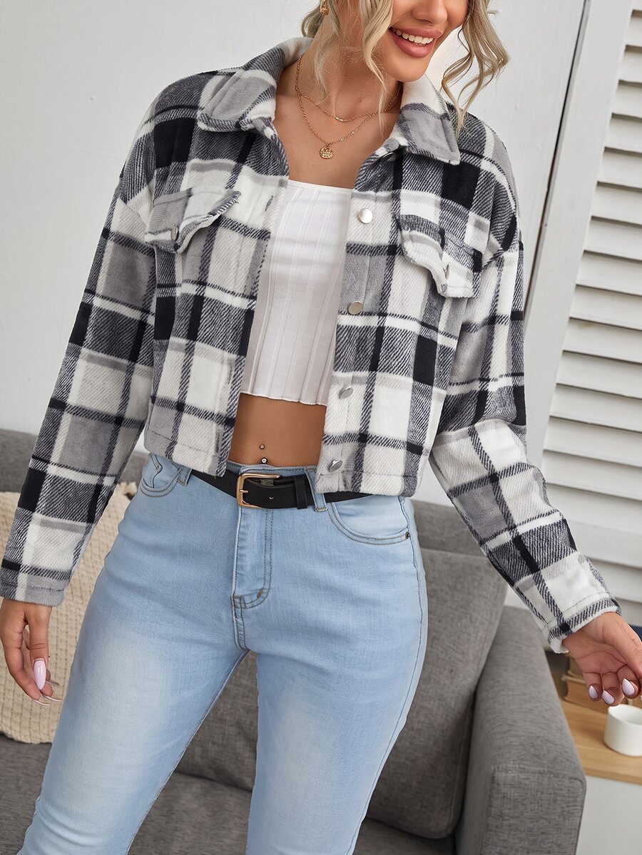 SHEIN Holidaya 女款格紋落肩長袖單排扣休閒夾克 - 黑與白 - 查看 1