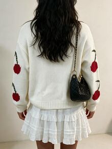 Selianne Cute Cherry Pattern Knit Pullover, Women Crew Neck Long Sleeve Drop Shoulder Loose Fall Sweater School White And Red Casual - White - View 3