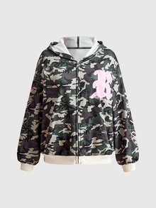 ROMWE Street Life Street Style Camo Colorblock Letter Print Rhinestone Women's Hooded Zip-Up Sweatshirt - Army Green - View 1
