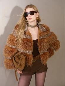 MOTF PREMIUM CONTRAST TWEED FAUX FUR COAT - Camel - View 1
