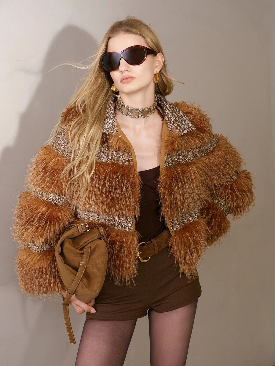 MOTF PREMIUM CONTRAST TWEED FAUX FUR COAT - Camel - View 1