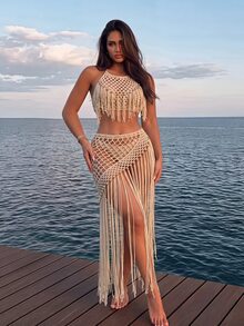 Swim SXY Women's Solid Color Tassel Design Hollow Out Casual Vacation Cover Up Skirt - Apricot - View 7